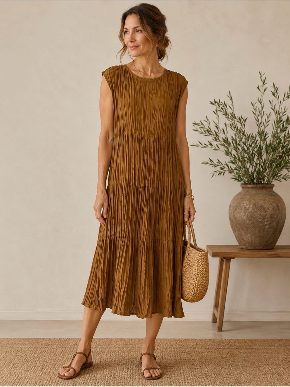 Eileen Fisher 100% Silk Crinkled Pleated Midi Dress M Quite Luxury Effortless